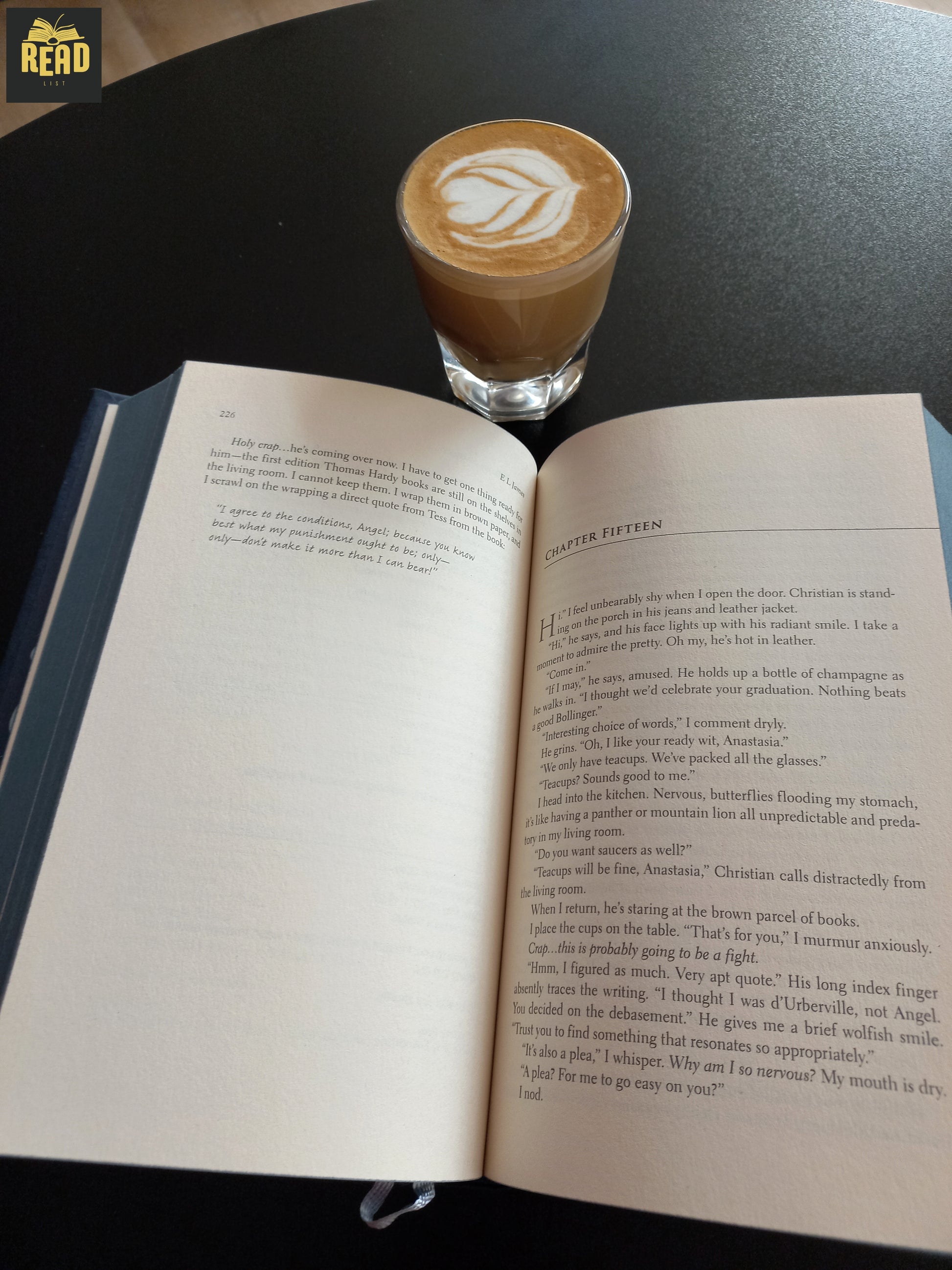 Inside pages of Fifty Shades of Grey by E. L. James, the bestselling contemporary romance novel.