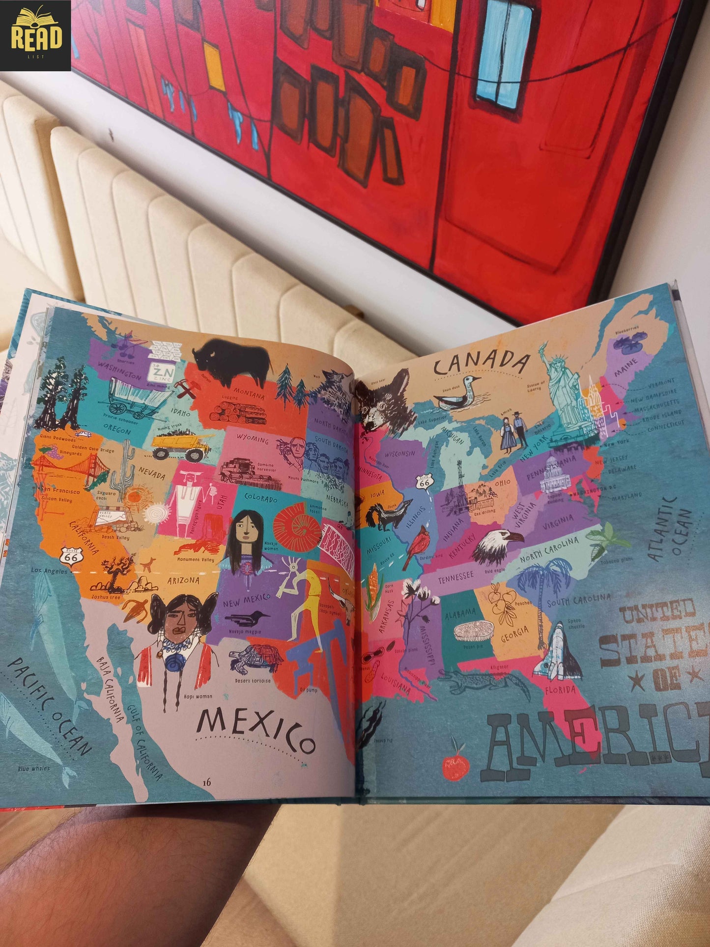 Inside pages of The Picture Atlas by Simon Holland illustrated by Jill Calder