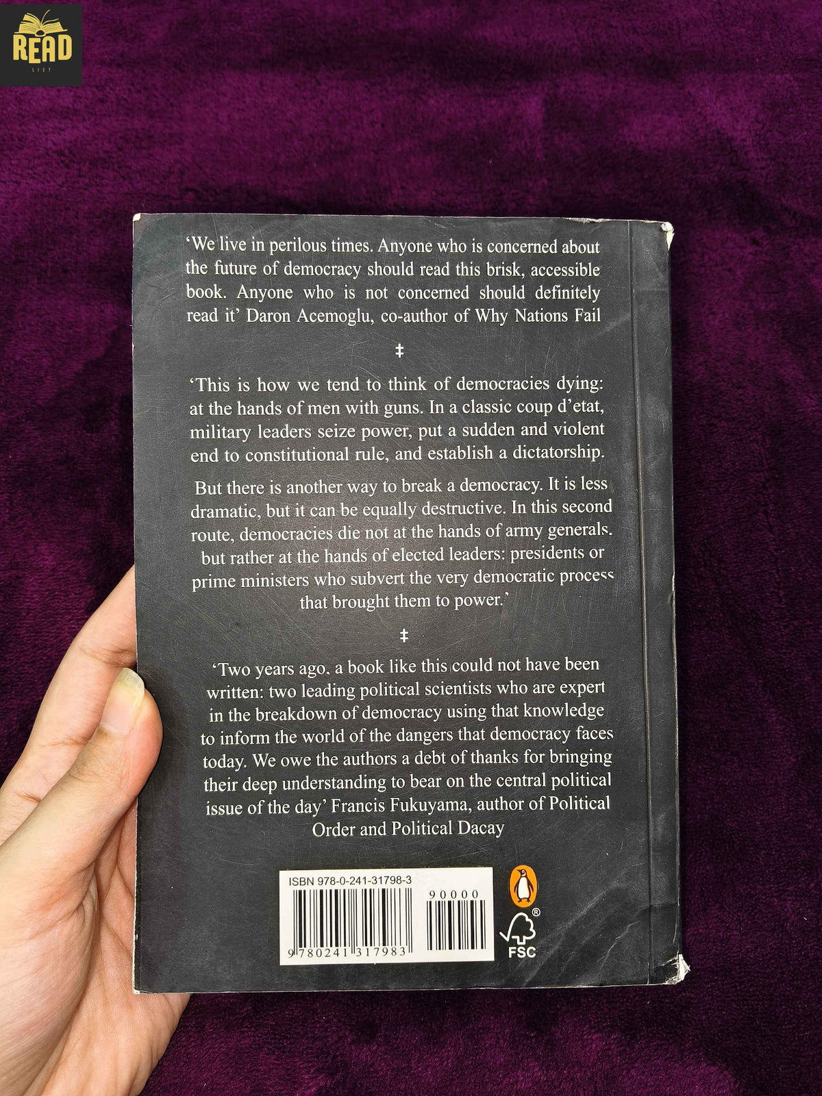 How Democracies Die by Steven Levitsky and Daniel Ziblatt political book back cover