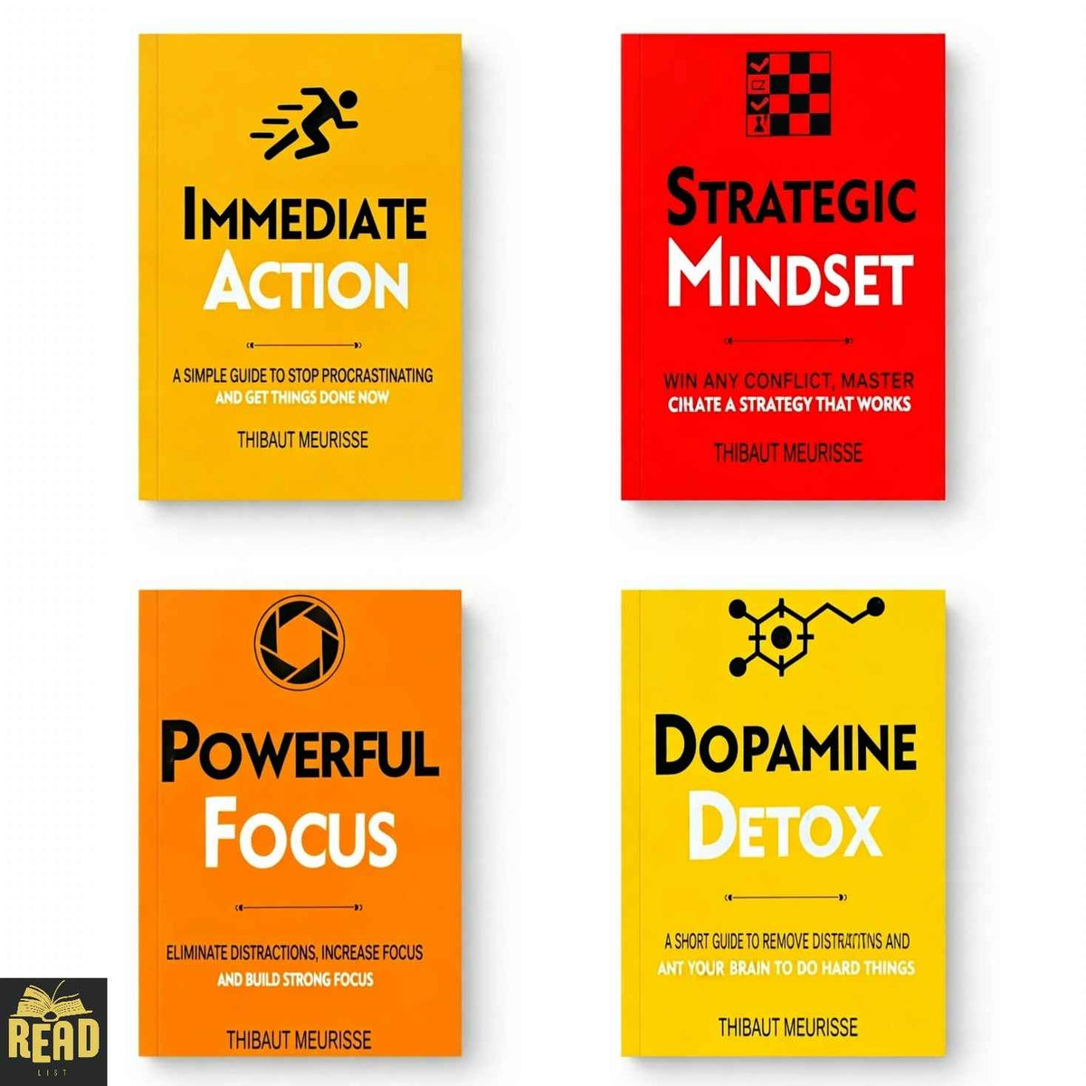 4-book set by Thibaut Meurisse featuring Powerful Focus, Strategic Mindset, Immediate Action, and Dopamine Detox